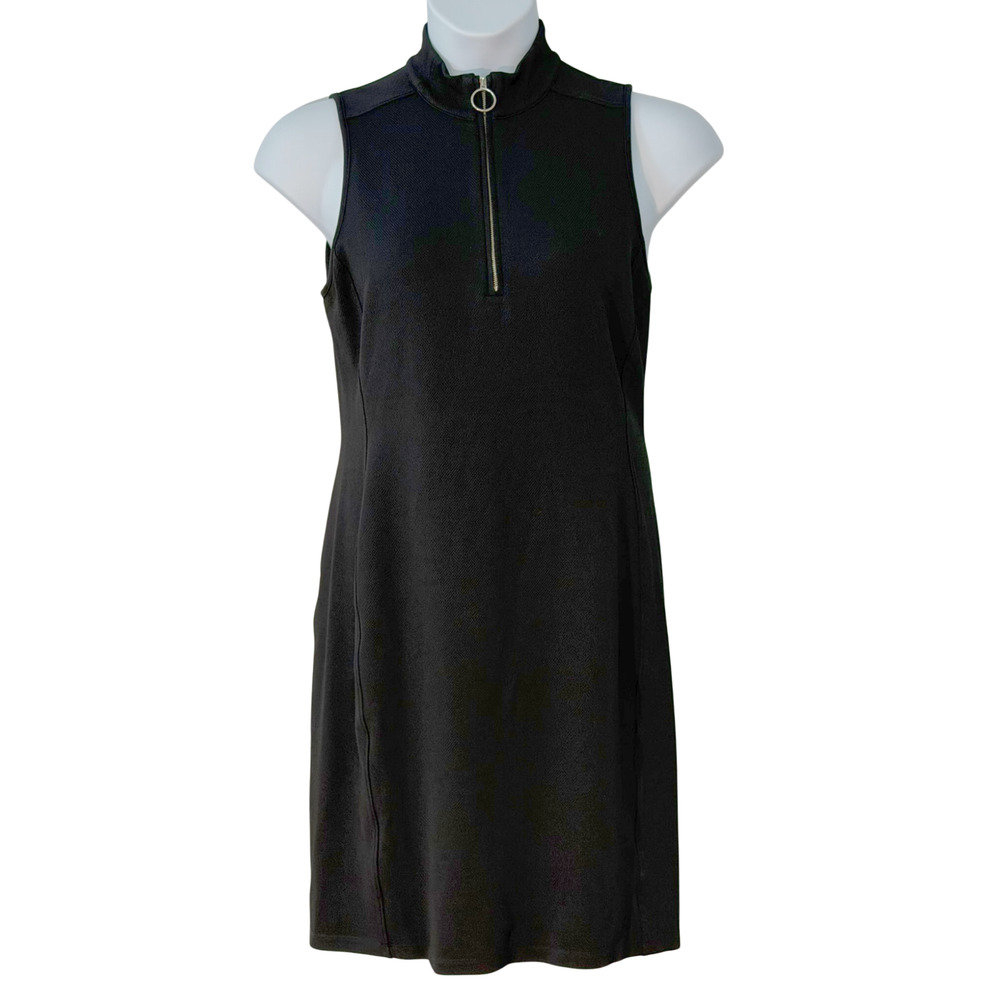 Ralph Lauren Sz L Sleeveless Sheath Dress 1/4 Zip Mock Neck Black Pique Knit